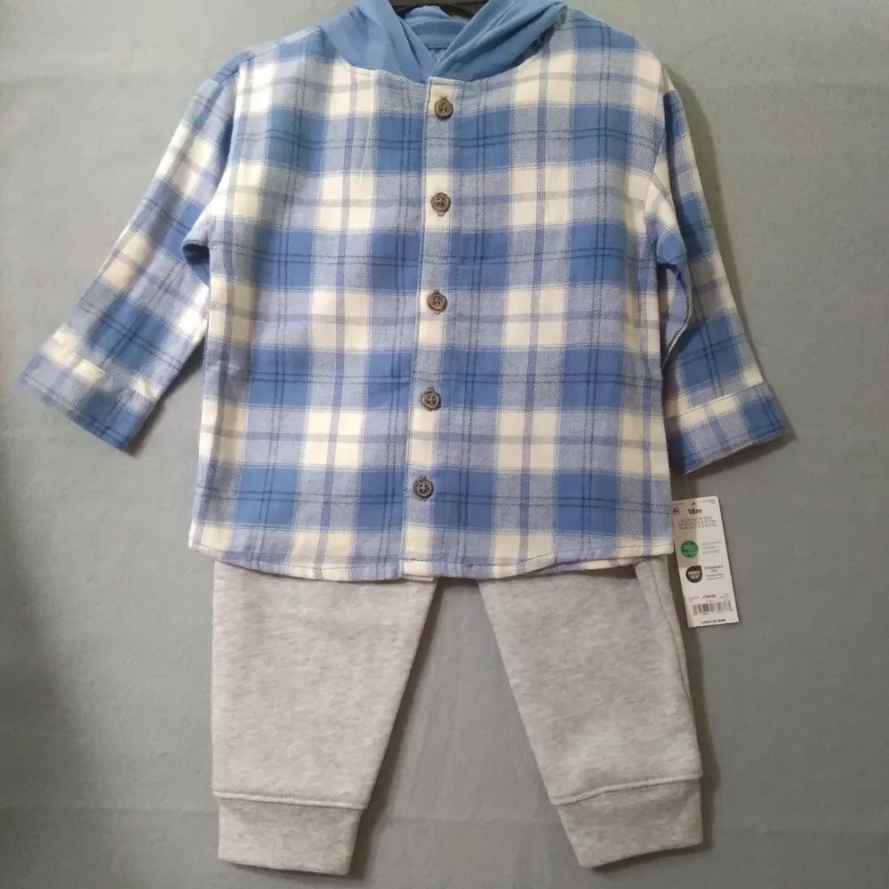 Carters Plaid Flannel Outfit Hooded Sweat Pants Blue Outdoors Play Fall Festival